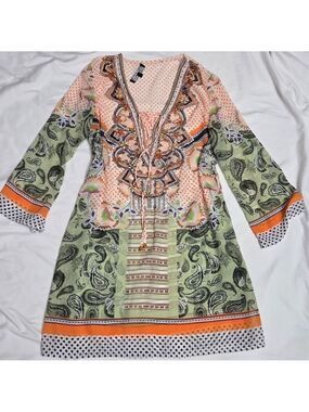 Minkas Boho Embellished Paisley Beaded Tunic Dress M